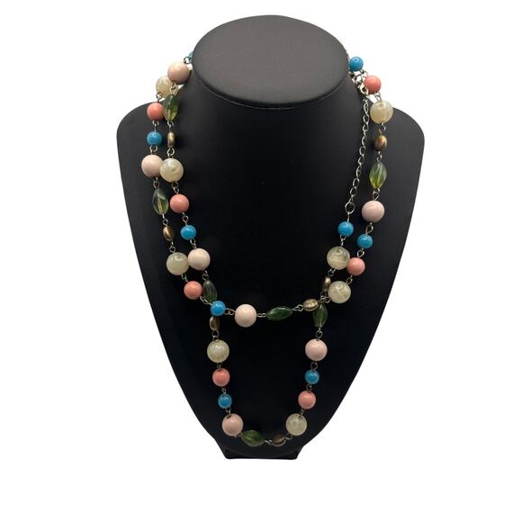 Vintage Pink, Blue, White Long Bead Necklace Pastel Retro - Picture 1 of 3